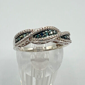 Designer Signed SJ Sterling Silver 925 Blue Diamond Ring - Size 9.25